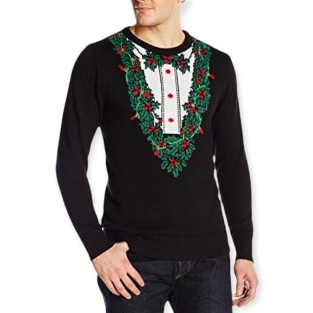 JEM Mens Ugly‎ Christmas Holiday Sweater Tuxedo Wreath Black Small